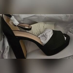 **NEW** Women's (Sz 7.5) Black Satin Platform High-Heeled Sandals